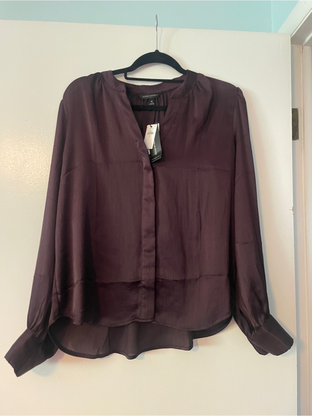 NWT Dark Plum Satin Long-Sleeve Button Front Blouse - Women